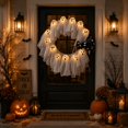 thumbnail image 4 of 16'' Light Up Gauze Ghost Wreath Warm LED Halloween Front Door Hanging Ornament Neutral Cottagecore Farmhouse Porch Wall Decor, Glowing White Ghost Ribbon Wreath for Party Wall Porch Decoration, 4 of 10