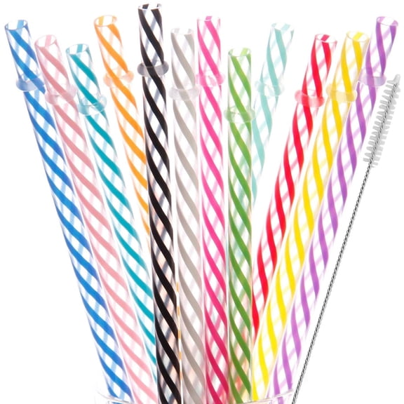 DAKOUFISH 11 Inch Reusable Plastic Clear Stripe Plastic Drinking Straws Extra Long for 24oz & 40oz Mason Jar Tumblers,Dishwasher safe,Set of 12 Straws with Cleaning Brush