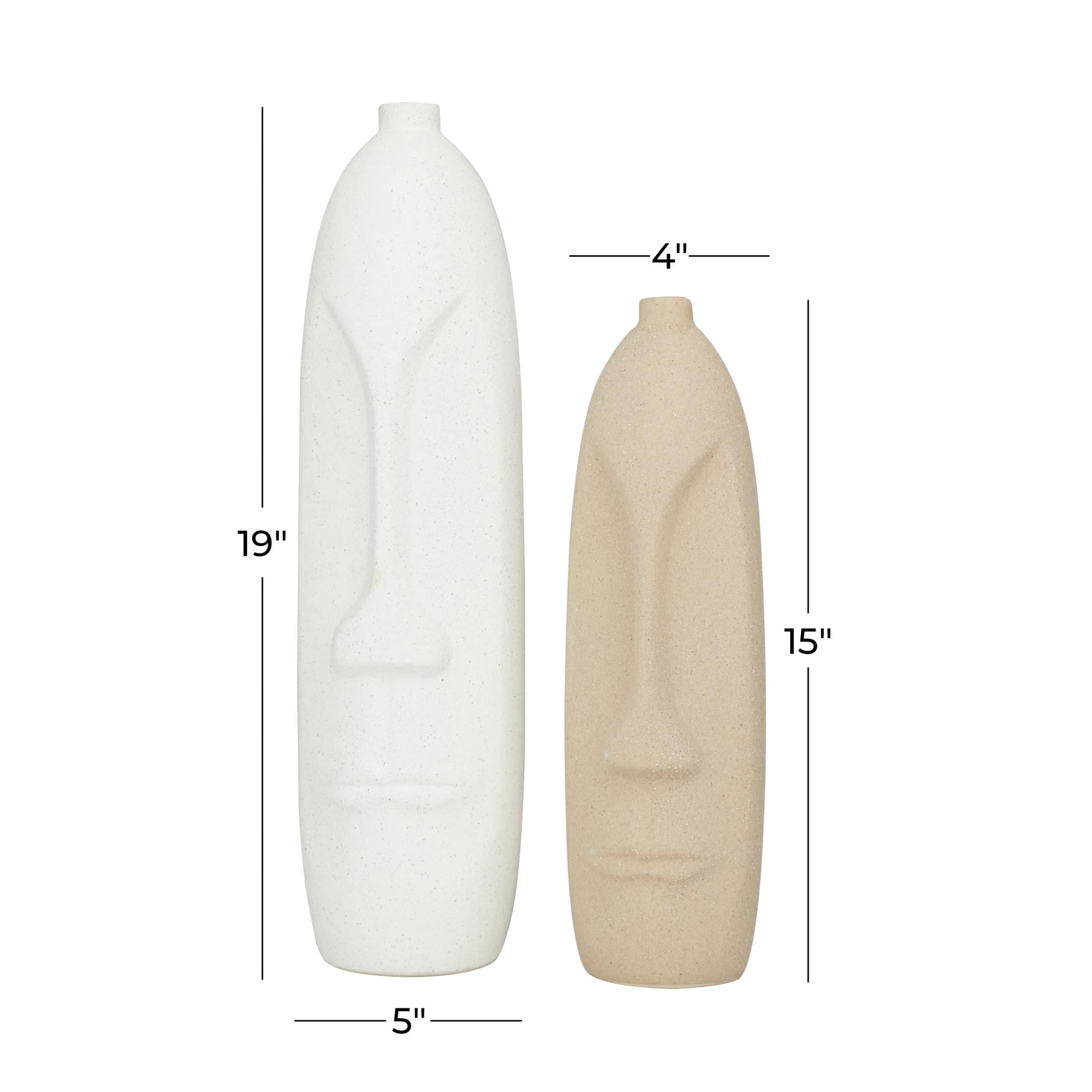 DecMode 19", 15"H Tribal Easter Island Head Beige Ceramic Vase, Set of 2