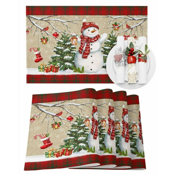 Christmas Placemats Set of 4, Snowman Xmas Tree Place Mats Gift Box Bells Candy Canes Linen Plaid Placemat Table Decoration for Kitchen Table Dinner Xmas Party Decor Indoor Outdoor 13x19 Inch