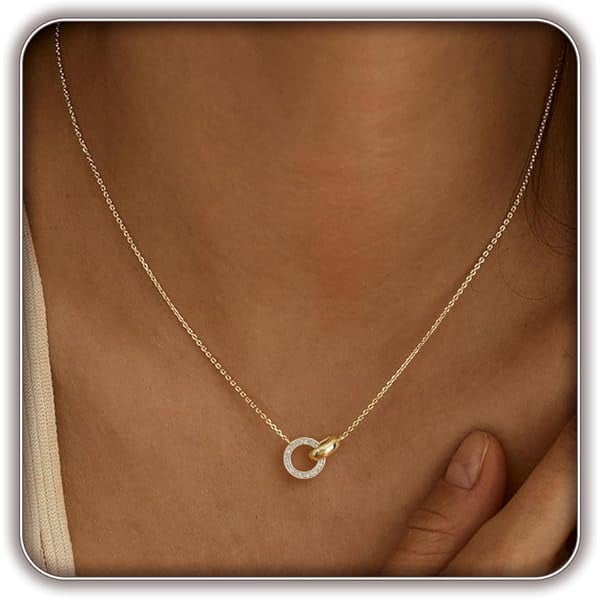 Chenchen Gold Necklace for Women, 14K Gold Plated Dainty Necklaces for Women Trendy Simple Choker CZ Circle Interlocking Pearl Pendant Charm Necklace Cute Fashion Jewelry Gifts for Her