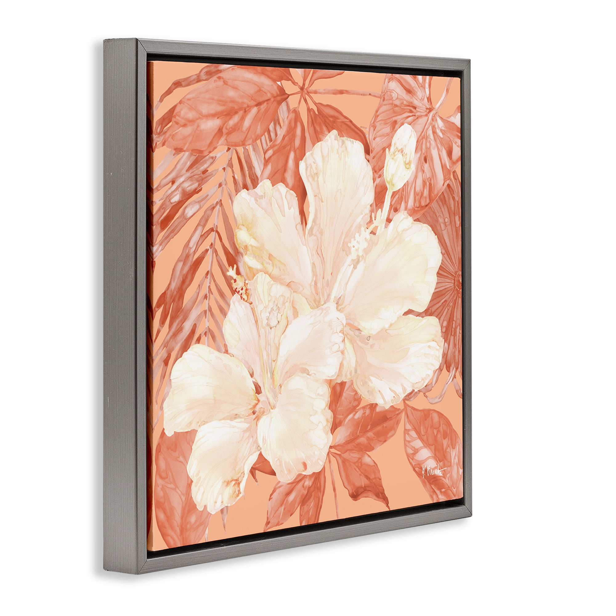 Stupell Industries Hibiscus Flower Bunches Plants & Flowers Painting Gray Floater Framed Canvas Art Print Wall Art, 18 x 18