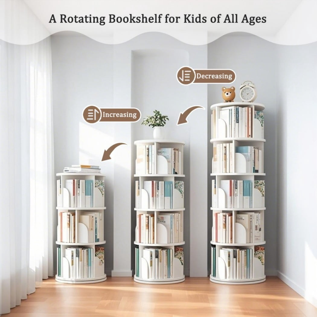 5-Tier Rotating Bookshelf, 360° Spinning Bookcase Tower with Wraparound Baffles, Space-Saving Round Display Shelf for Bedroom, Living Room & Home Office, Warm White