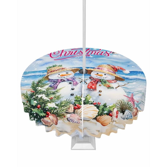 Fsddascl Coastal Christmas Outdoor Tablecloth - 54 Inch Round Dining Table Cover, Beach Snowman Xmas Tree Shell Waterproof Outdoor Table Cloth with Umbrella Hole & Zipper for Picnic/Patio/Party