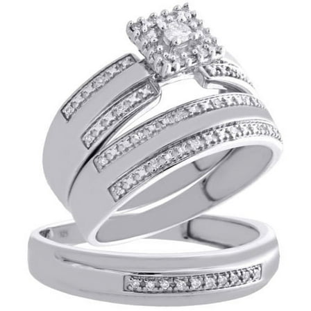 .925 Sterling Silver Soltiaire Diamond Trio Set Engagement   Wedding Ring 1/4 Ct