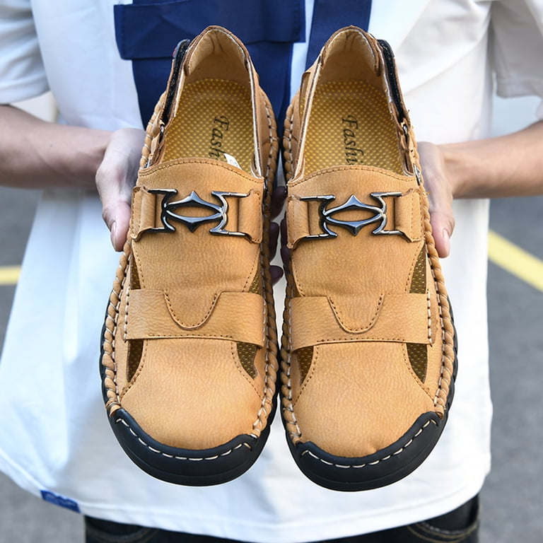 Men's Outdoor Sandals Leather Handmade Loafers Closed Toe Summer Beach Soft  Hollow Breathable Walking Wading Casual Shoes Yellow 7 US - Walmart.com