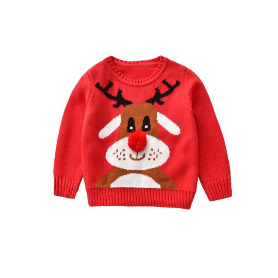 Baby Baby Boy Girl Christmas Warm Sweater Cartoon Deer Prints Knitted Pullover Kids Xmas Pom Pom Clothes