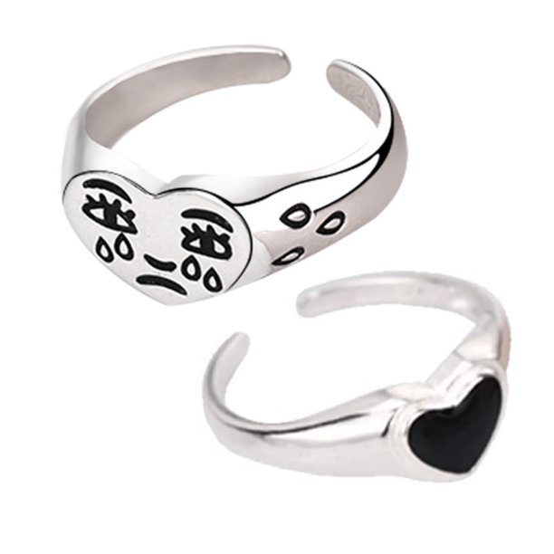 Anillos De Corazón Con Cara De Llanto Para Mujer, Kit De Banda De Anillos Ajustables Vintage 2 Piezas Eigraketly AP005461-00