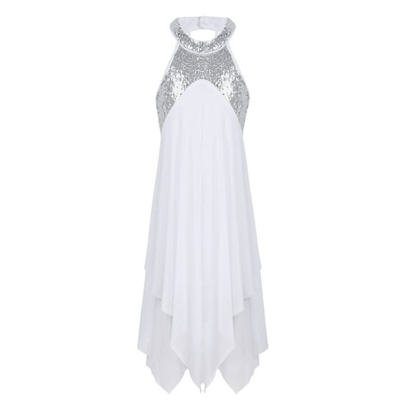 YiZYiF Girls Shiny Sequins Leotard Dress Irregular Hem Ballet Dance Skating Costume