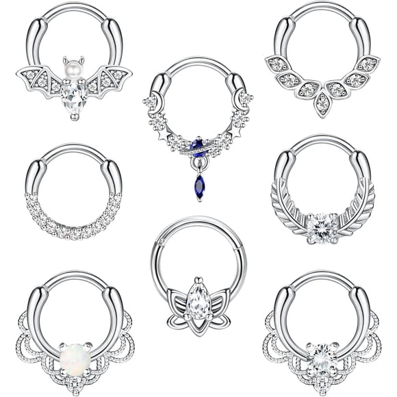 SURJDE 8Pcs 16G Septum Rings Daith Earrings Septum Piercing Jewelry 316L Stainless Steel CZ Opal Dangle Hinged Segment Septum Clicker Nose Rings Hoop Piercing Jewelry Silver Gold Black Rose Go