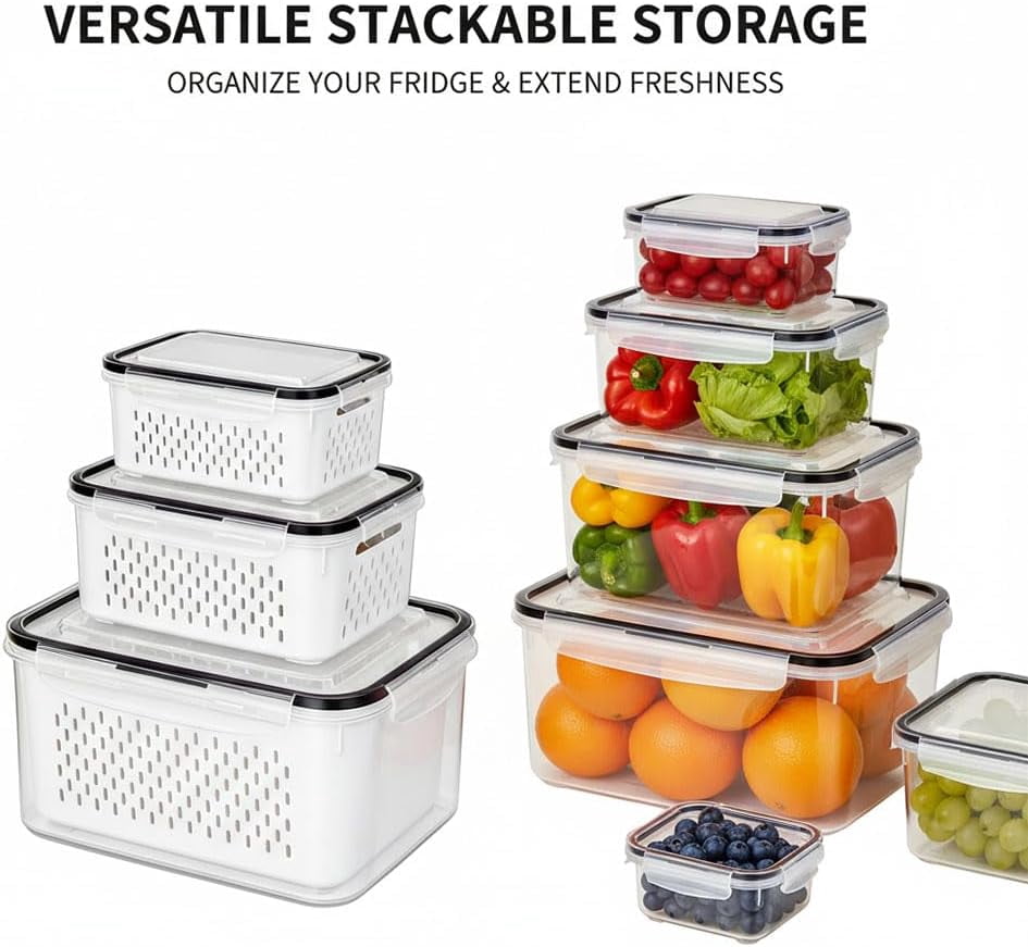 4-in-1 Food Storage Containers for Fridge with Removable Colanders, Transparent Plastic Produce Keeper with Drain Basket, Stackable Vegetable Fruit Containers