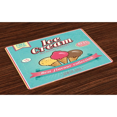 Ice Cream Placemats Set of 4 Best Flavor Collection Quote with Free Topping Children Design, Washable Fabric Place Mats for Dining Room Kitchen Table Decor,Seafoam Pink Pale Yellow, by