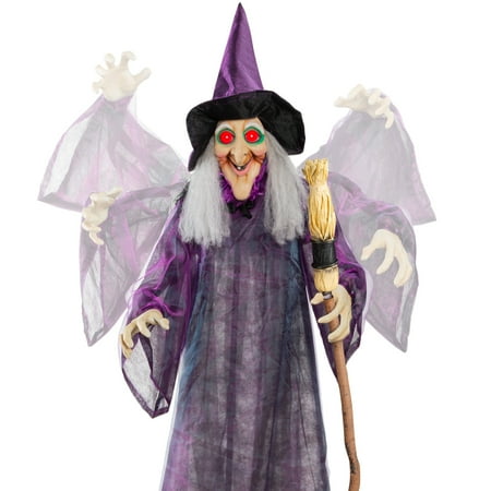 Best Choice Products 5ft Standing Witch  Wicked Wanda Poseable Halloween Animatronic w/ Pre-Recorded Phrases  LED Eyes