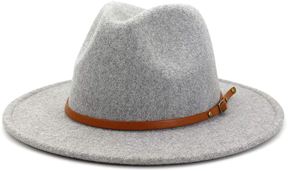 Women Wool Wide Brim Belt Buckle Fedora 