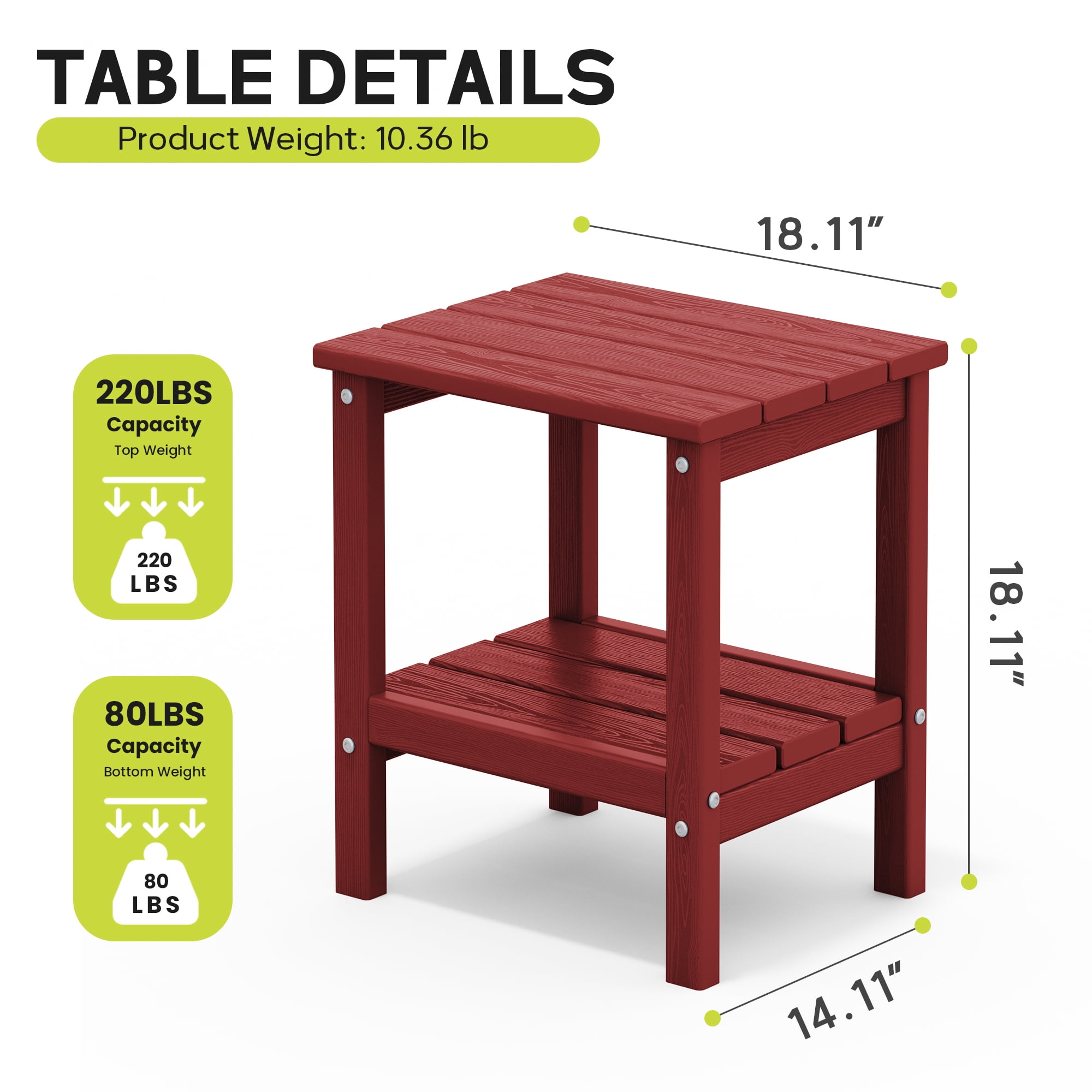 FUNDAZE HDPE 2-Layer End Table for Living Room, Outdoor Side Table, Patio Small End Table, Dark Red