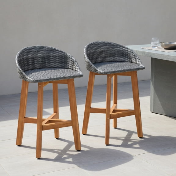 Resenkos 2‑Pack Counter‑Height Patio Bar Stools, Natural Acacia Wood Frame and PE Rattan Seat, Weather‑Resistant Outdoor Seating for Porch Balcony Backyard, Gray