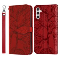 SaniMore for Samsung Galaxy A54 5G Wallet Case with [RFID Blocking] Card Holder, PU Leather Magnetic Embossed Tree Flip Cover with Kickstand & Wrist Strap Full Body Protective Shell, Red