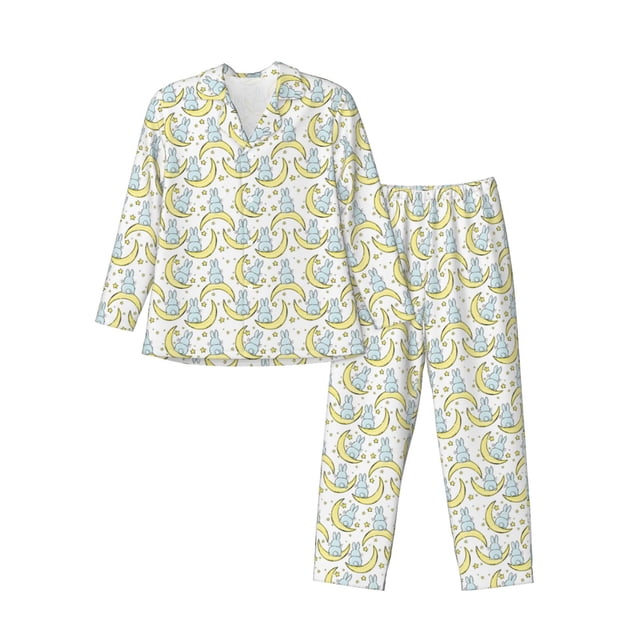 Lsque Moon And Rabbit Pattern Long Sleeve Pajama Set for Men - Soft 2-Piece Sleepwear and Loungewear Set with Pockets, Comfy Nightwear-Small