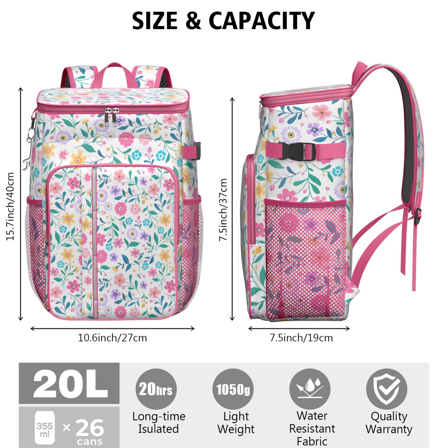 Travel Cooler Bag - Pioneer Flower Floral Print Pattern Camping Beer Cooler Backpack with Bottle Opener- Waterproof Insulated Picnic Backpacks - Cooler Bag for Beach