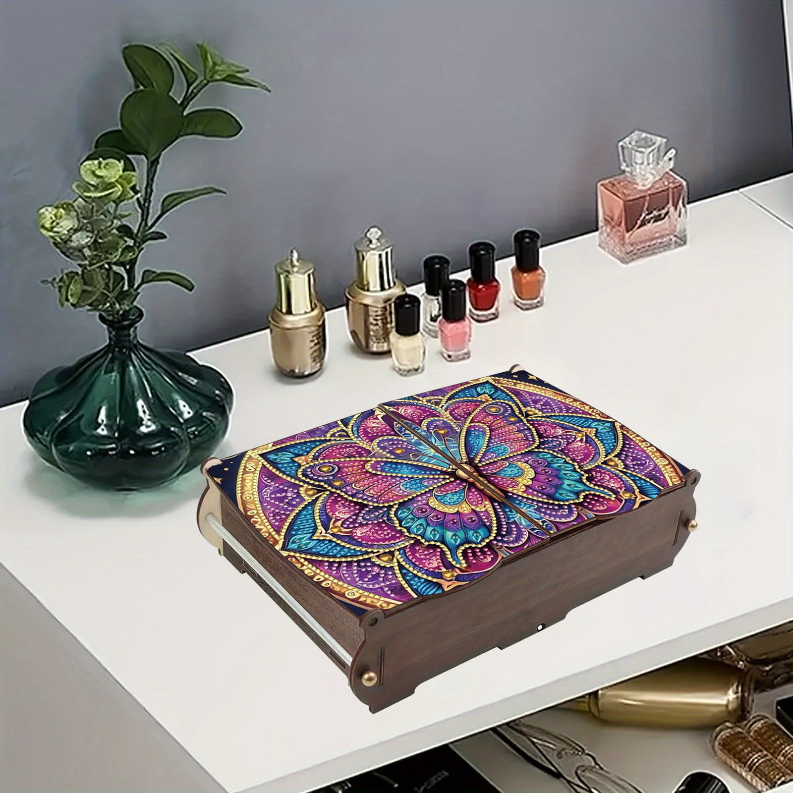 FLOPESN DIY Diamond Art Painting Jewelry Box,Creative Design Wooden Lid Rectangular Storage Case for Home Decor-Butterfly-2