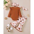 thumbnail image 3 of KIMI BEAR 3 Months Newborn Baby Girls Outfit Set 6 Months Clothes Ruffle Long Sleeves Letter Print Romper Floral Pants with 2pcs Headband 4pcs Pant Sets Brown, 3 of 9