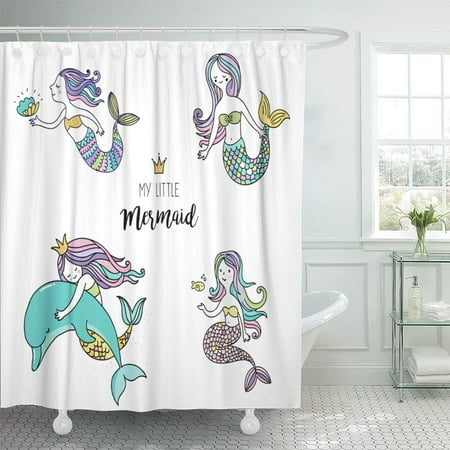 PKNMT Blue Cartoon Under the Sea Little Mermaid Fishes Animals Starfish Collection Bathroom Shower Curtain 66x72 inch