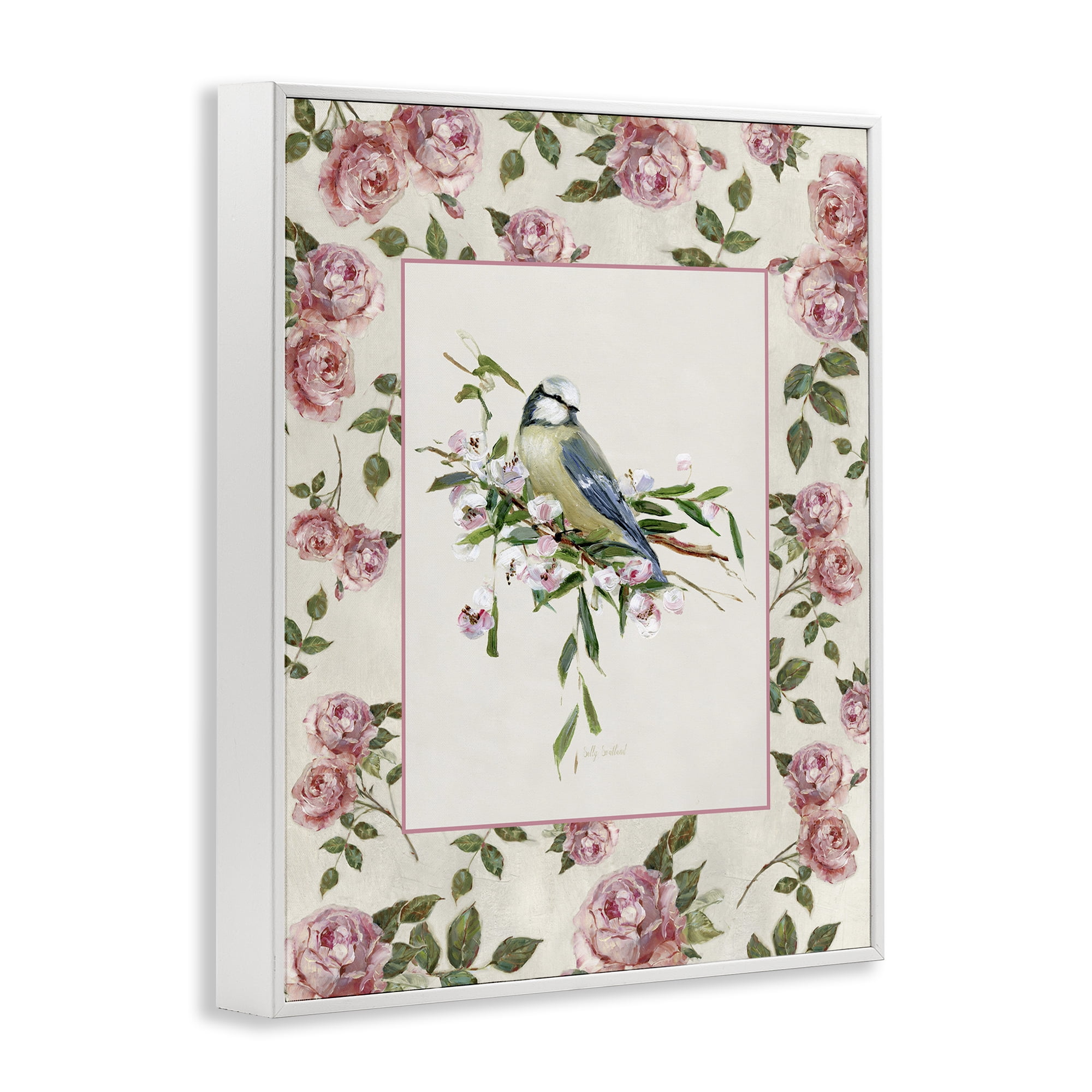 Stupell Industries Dainty Roses & Perched Bird White Framed Giclee Art, design by Sally Swatland
