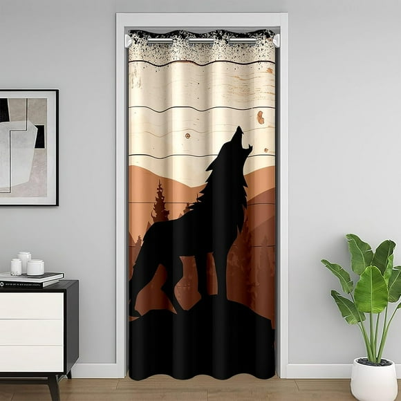 AIR-Wolf Door Curtain for Doorway Privacy 34x80 Inch 1 Panel,Wild Animal Wolf Closet Door Cover Curtain for Living Set Room Decor,Rustic Farmhosue Brown 30%-50% Blackout Curtain,Animal Wolf