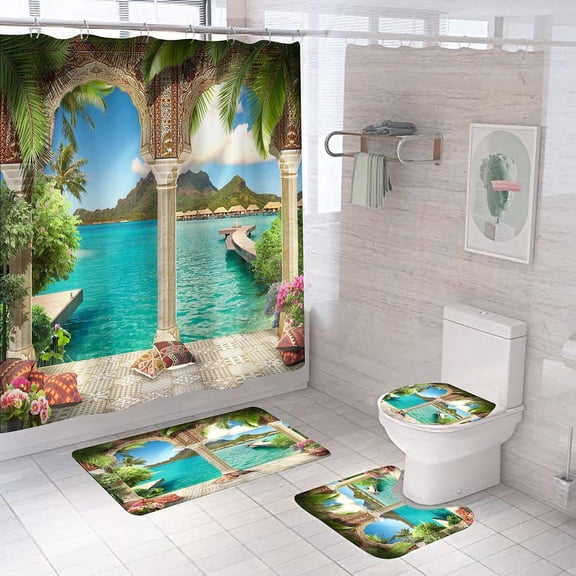 4Pcs Pillar Shower Curtain Sets, Rome Garden Waterproof Shower Curtain Sets for Bathroom with Non Slip Rugs, Toilet Cover and Bath Mat, 12 Plastic Hooks (Pillar)