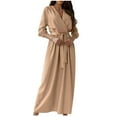 thumbnail image 1 of Robe à Manches Longues pour Femmes Décontractée Col en V Unie Automne Printemps Robes à Nouer Taille Évasée Ligne A Fluide Robe Maxi, 1 of 7