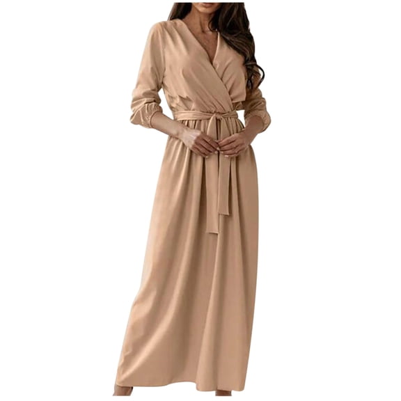 LLYwey s Womens Long Dresses Spring and V-Neck Solid Color Long-Sleeve Lace-Up Waist Skirt Dress New Maxi Dresses Khaki S