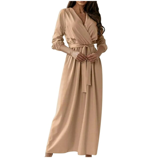 Robe Jupe à Volants Ajustée à Manches Longues Col en V Couleur Unie pour Femmes Printemps et Automne