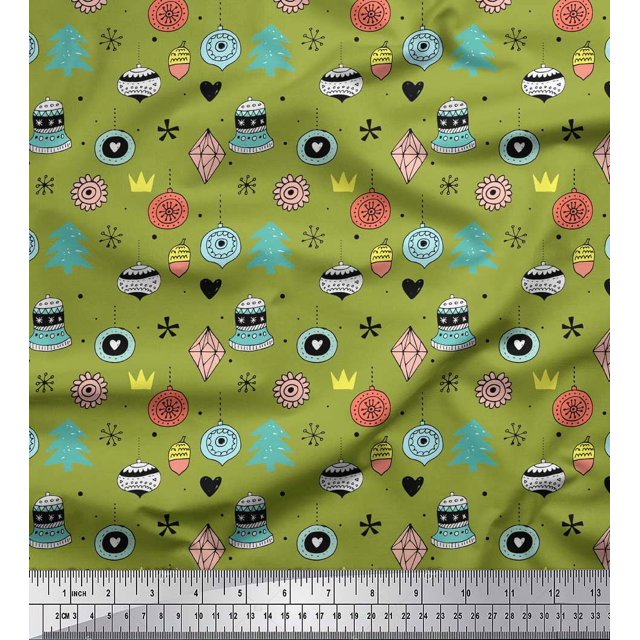 Soimoi Green Poly Georgette Fabric Tree & Ornament Christmas Print Sewing Fabric Yard 42 Inch Wide
