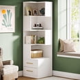 thumbnail image 4 of 5-Tier Corner Bookshelf with 2 Drawers, 66.9-Inch Tall Corner Bookcase Shelf, Modern Simple Corner Storage Cabinet Display Rack Shelf for Living Room, Home Office (White), 4 of 9