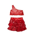 thumbnail image 5 of iixpin Kids Girls Shiny Crop Tops with Skirts Hair Band Dance Outfit for Hip Hop Jazz Street Dance Performance Costume Red 8, 5 of 7