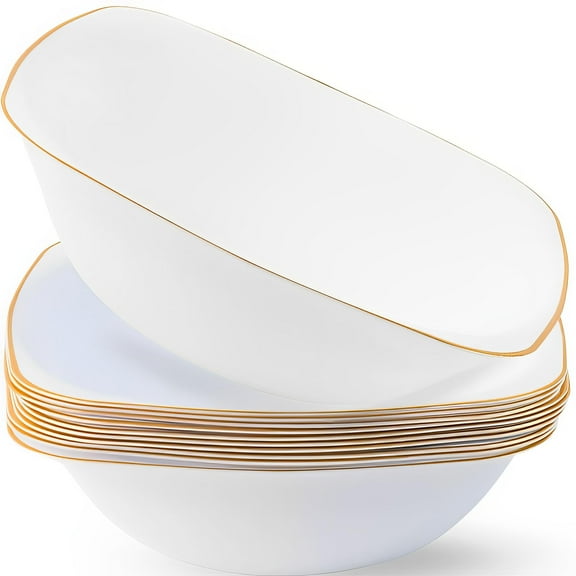 Blue Sky Organic Square Bowls White AFN1with Gold Rim - 16oz Disposable Plastic Plates (10 Count) | Elegant & Sturdy Dinnerware for Parties and Events