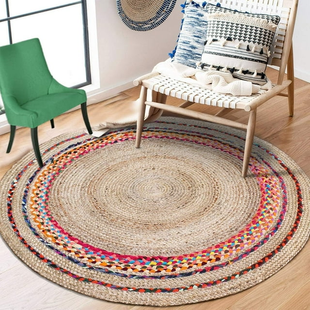 Indian Handwoven Braided Natural Jute with Multi Cotton Border Jute Round Rug, Bedroom, Entryways, Dining Room, Hallways, Kids' Rooms, Size - (4' Round)