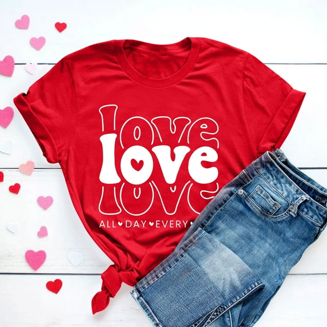KIHOUT Hauts de Mode pour Femmes Saint-Valentin T-shirt à Manches Courtes Imprimé Amour Couleur Unie Haut à Manches Courtes Col Rond, Taille p-3TG