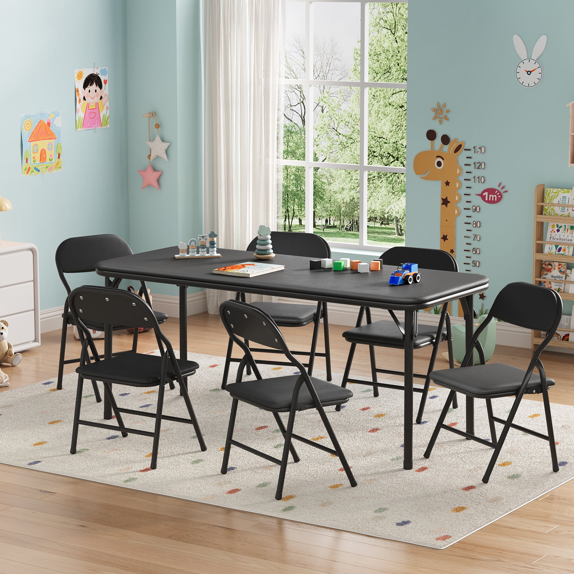 Ultra Soft PU Padded 1/5/7-Piece Kids Folding Table and Chairs Set – Durable Steel Frame, Anti-Slip Feet, No Assembly – Portable for Study, Dining, Learning Space, Play