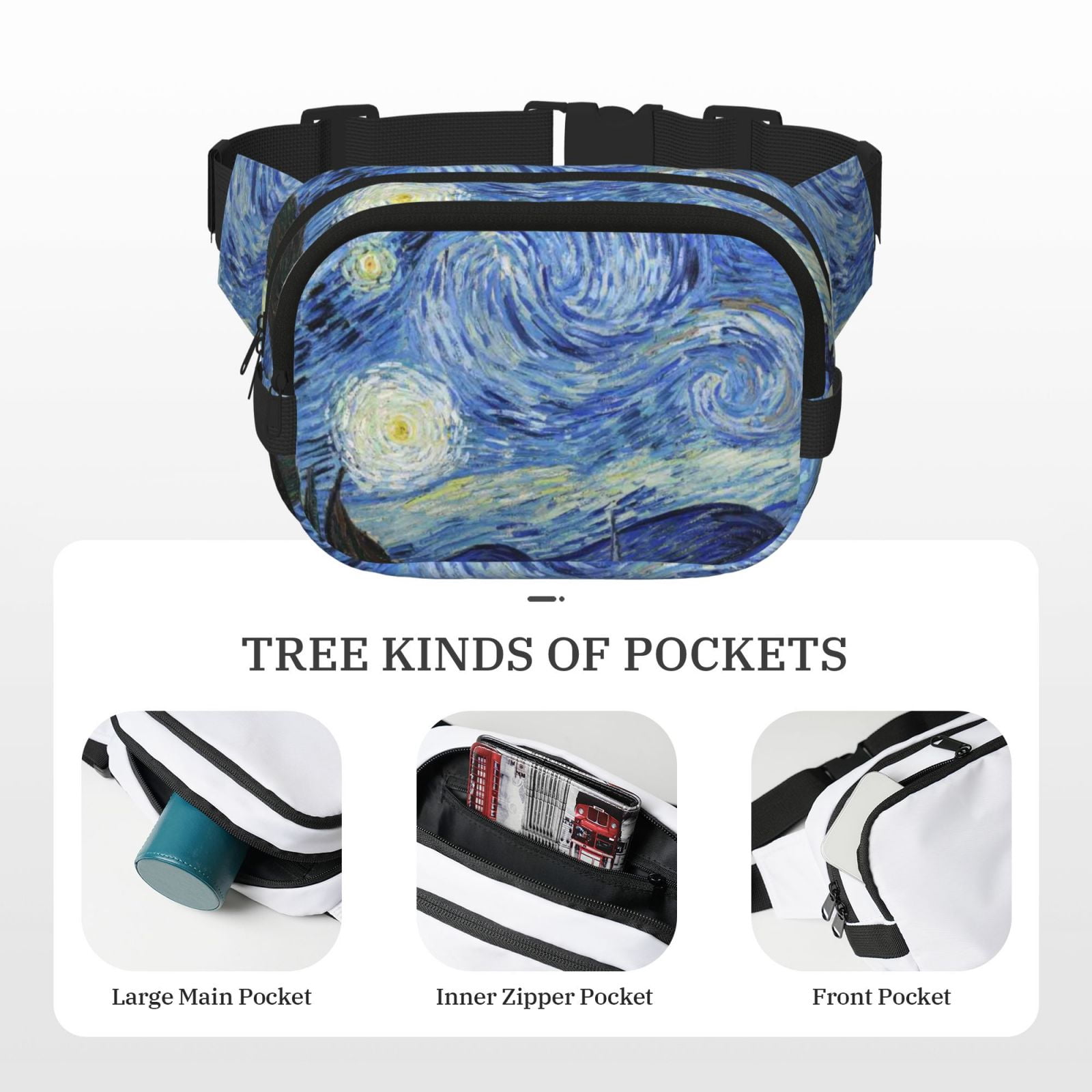 Picia The Starry Night Print Square Double-Layer Waist Bag Mini Adjustable Waist Belt Bag Exercise Running Travel Hiking