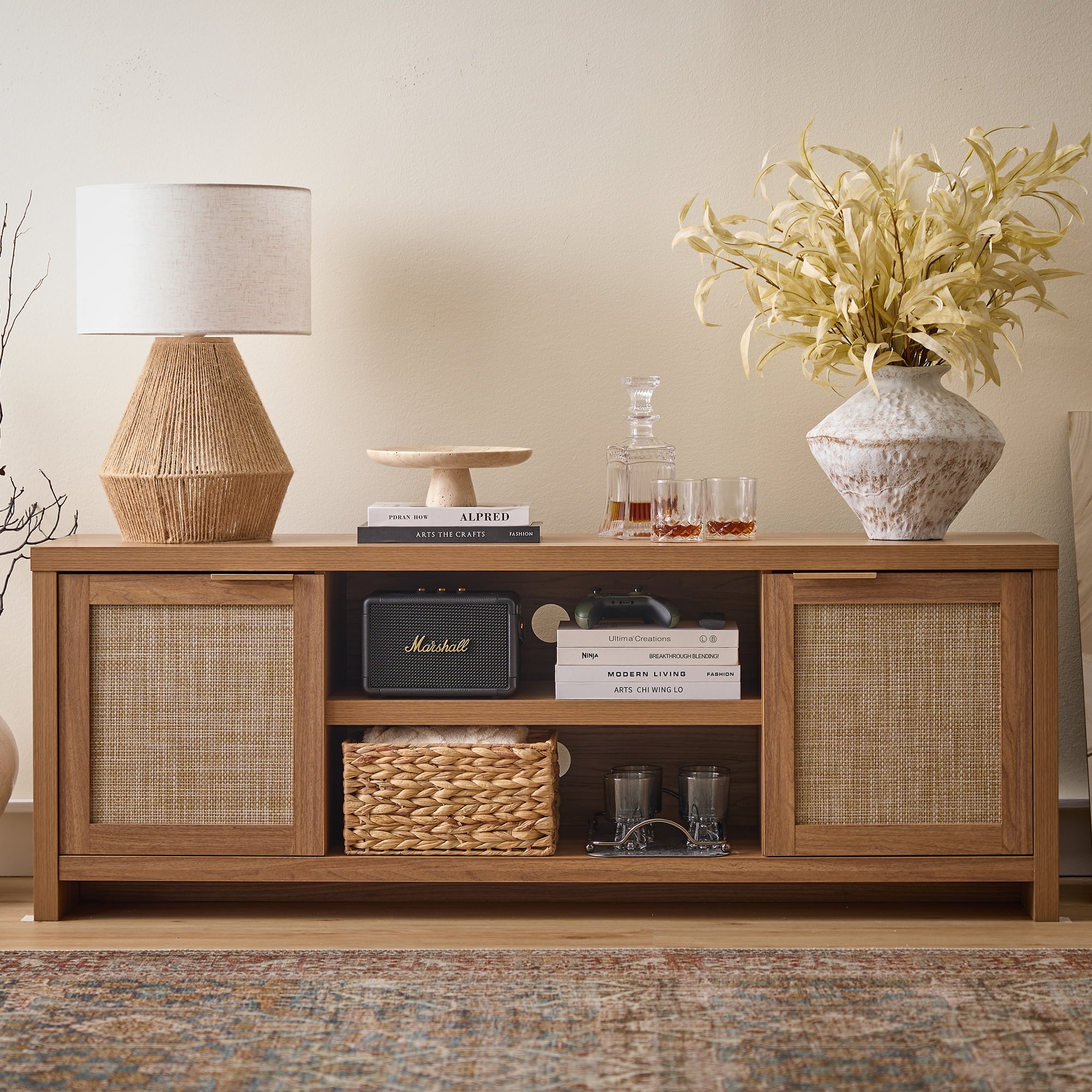 ARKANTOS Rattan TV Stand, 65-Inch Compatible Media Console, Oak