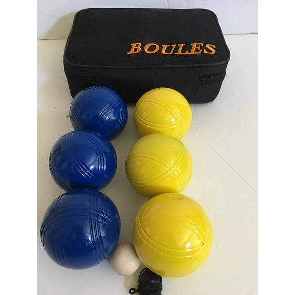 BuyBocceBalls Listing -73mm Metal Petanque/Boules 6 Ball Set with 3 Blue and 3 Yellow Balls and Black Bag