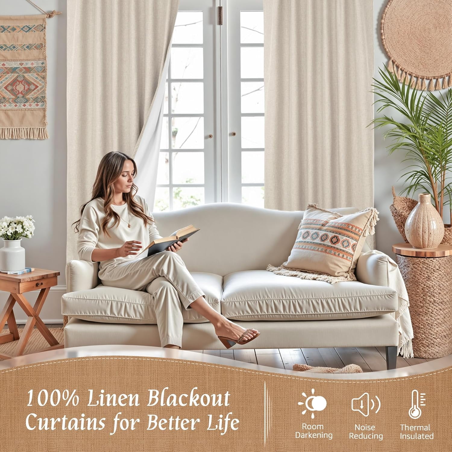 100% Blackout Natural Linen Curtains, 72 Inches Linen Textured Thermal Bedroom Curtains Back Tab and Rod Pocket Neutral Panels with White Liner for Farmhouse, 2 Panels, 52 x 72 Inch, Oatmeal