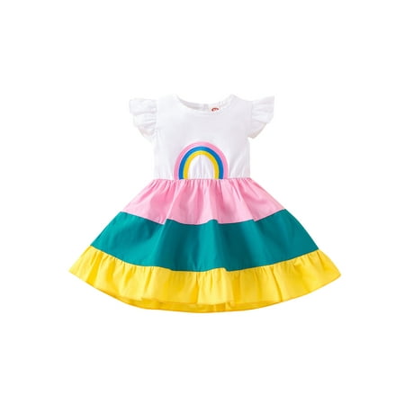 

Calsunbaby Infant Baby Girl Skirt Flying Sleeve Design Rainbow Embroidered Striped Contrast Color Hem Cute Dress