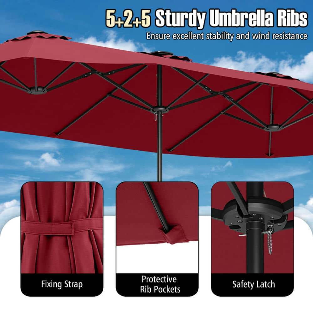 Demifill 15.5 FT Extra-Large Patio Umbrella, Shade with LED Solar Lights and Crank Handle for Outdoor, Red