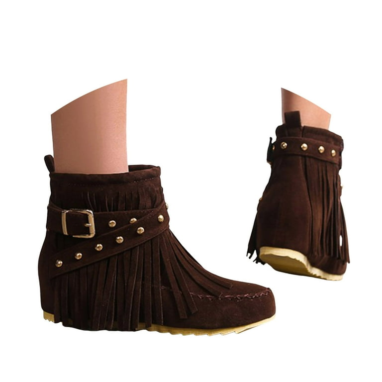 Chenyee Women's Suede Fringe Ankle Boots Flat Hidden Inner Side