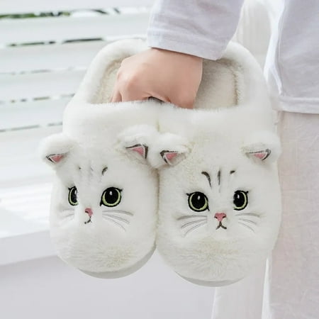 

CoCopeanut Cuddly Cat Plush Slippers for Women Winter Plush Shoes Slides Cute Cartoon Cat Fuzzy Supple Cotton Slipper Ladies Home Slipper