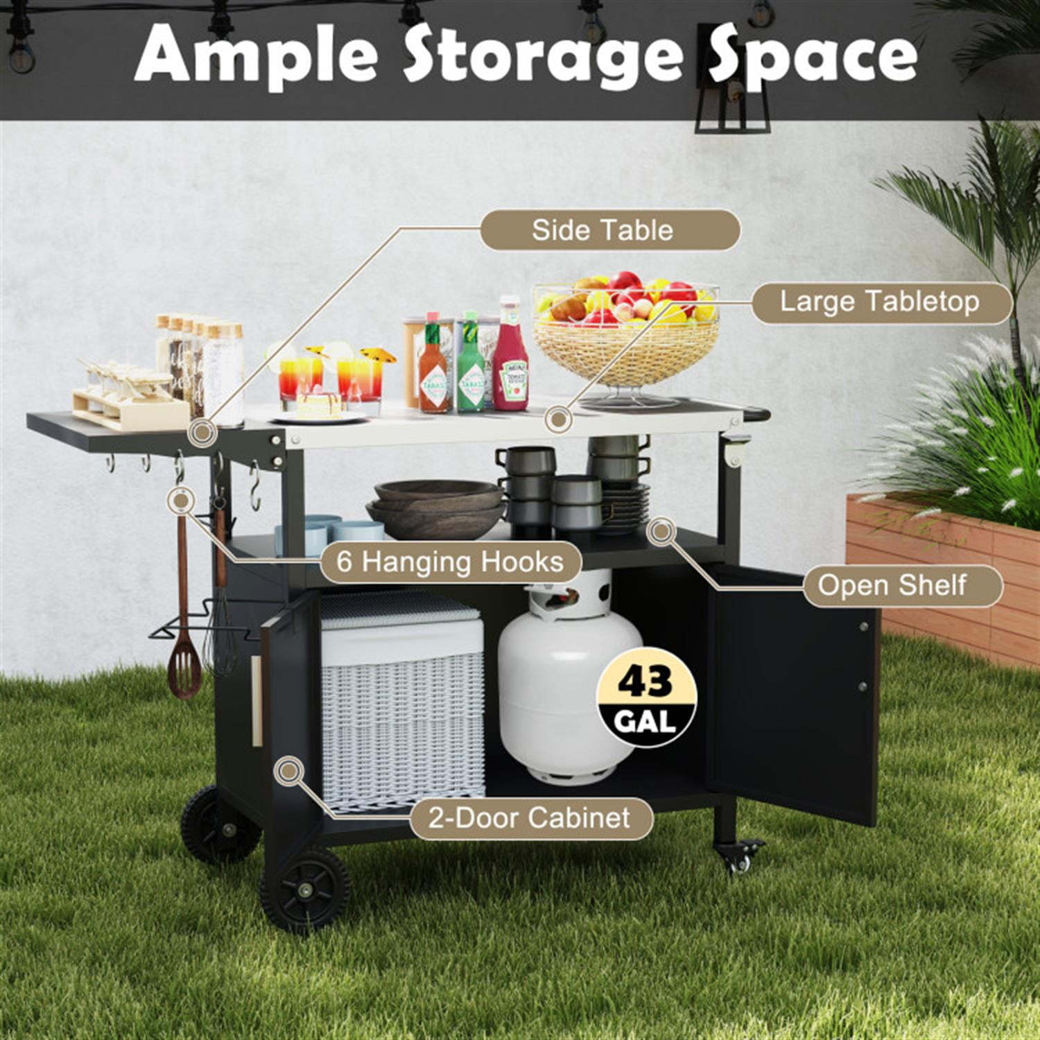 Demi Bonn Outdoor Grill Cart with Storage and Folding Stainless Steel Top for Poolside and Backyard, Black