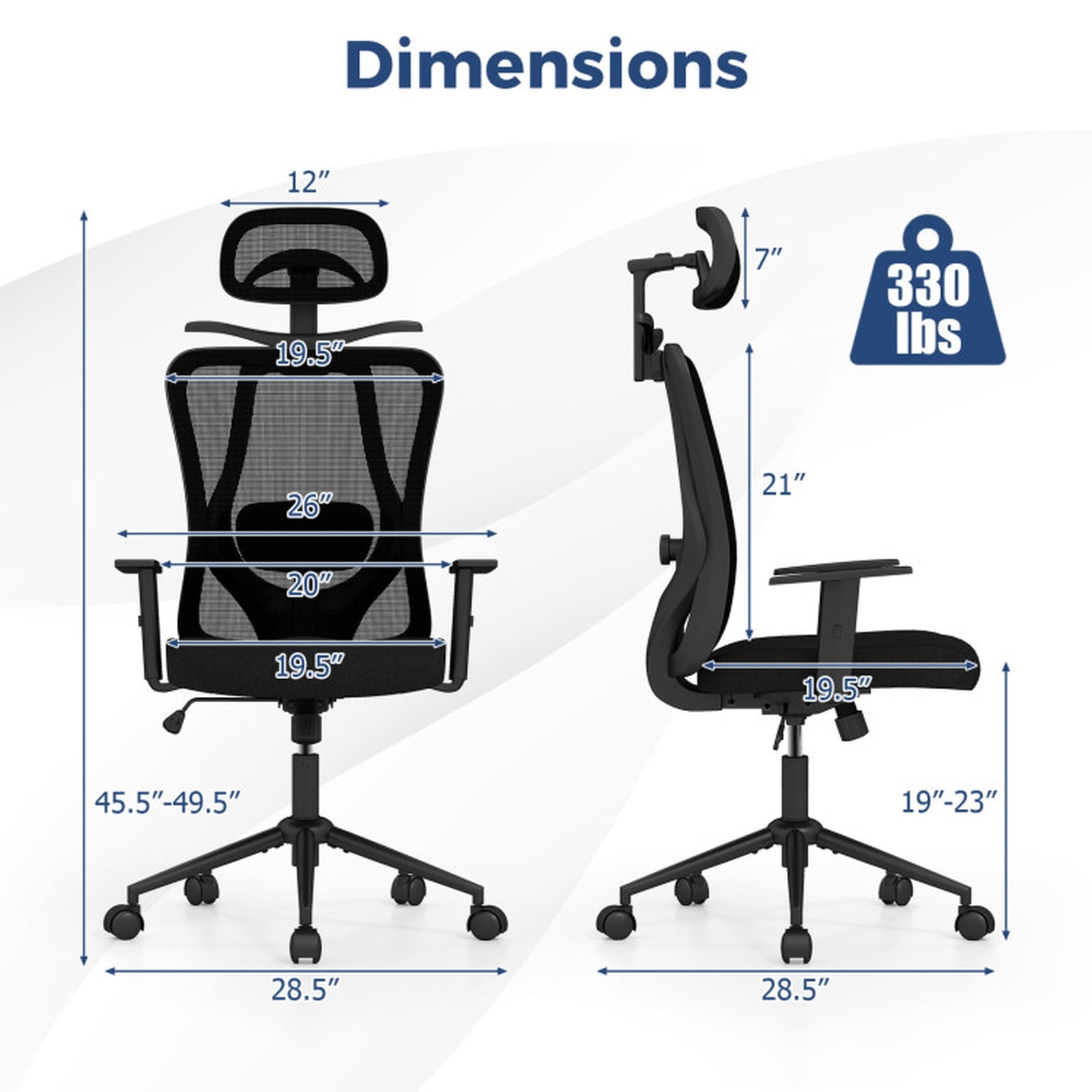 Furnibear Ergonomic Office Chair High Back Breathable Mesh Computer Chair with Adjustable 3D Headrest Lumbar Support and Recline, Black