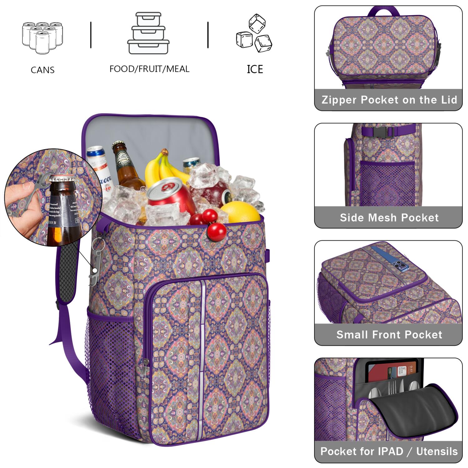 Travel Cooler Bag - Boho Bohemia Flower Camping Beer Cooler Backpack with Bottle Opener- Waterproof Insulated Picnic Backpacks - Cooler Bag for Beach